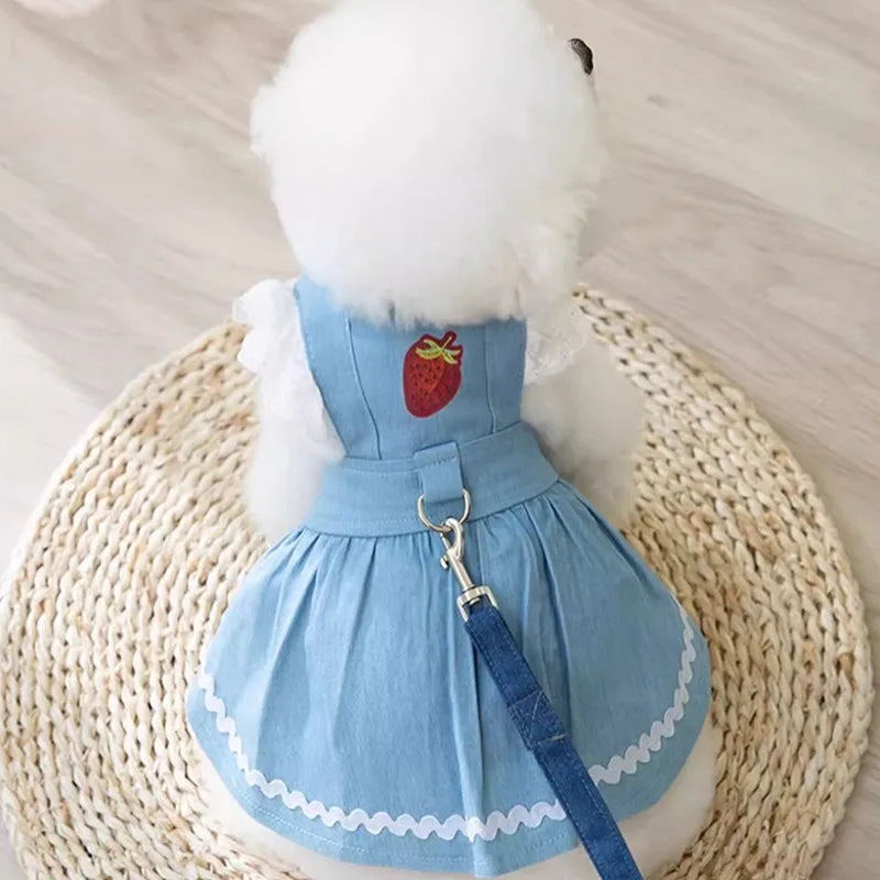 Dog Jeans Dress Strawberry Print Lace Cute Pet Dog Clothes Chihuahua Bichon Frise Summer Puppy Skirt Cat Dog Costume with Buckle
