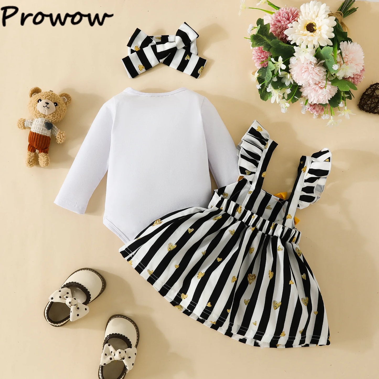 Prowow Panda Baby Girl Outfits Sets Green Cute Panda Romper and Suspender Bamboo Dress 3pcs Baby Clothes Panda Set