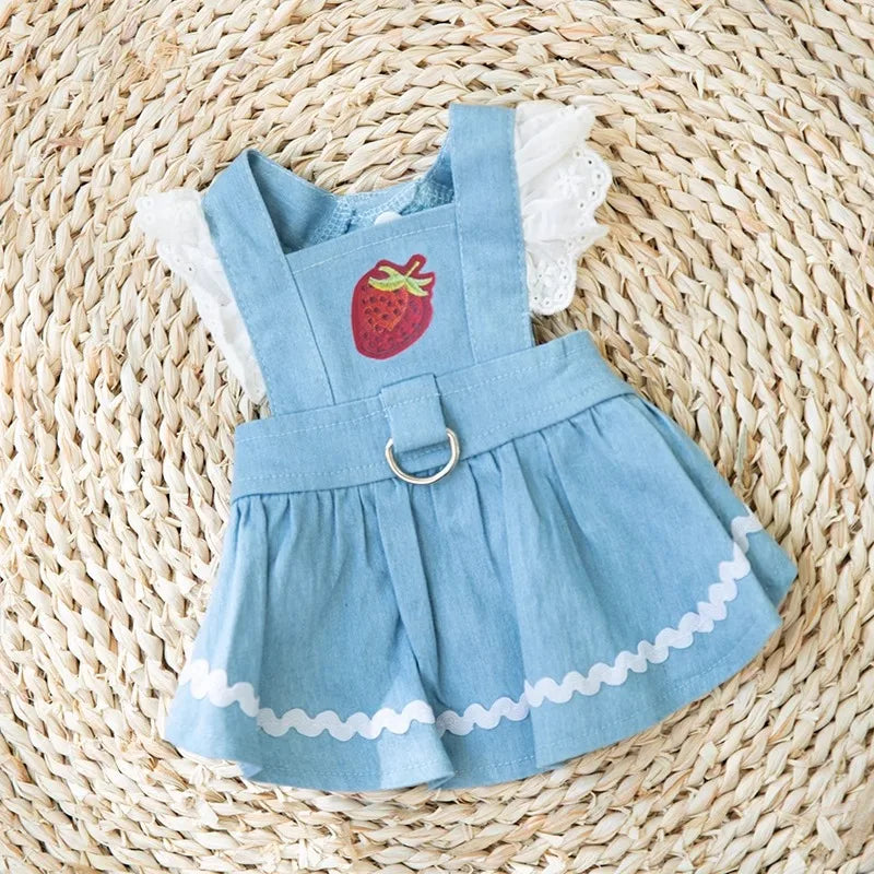 Dog Jeans Dress Strawberry Print Lace Cute Pet Dog Clothes Chihuahua Bichon Frise Summer Puppy Skirt Cat Dog Costume with Buckle