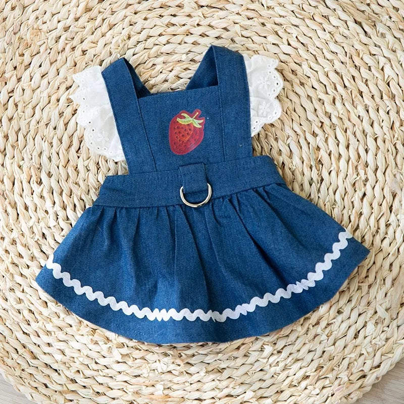Dog Jeans Dress Strawberry Print Lace Cute Pet Dog Clothes Chihuahua Bichon Frise Summer Puppy Skirt Cat Dog Costume with Buckle