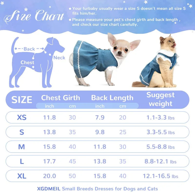 Dog Jeans Dress Strawberry Print Lace Cute Pet Dog Clothes Chihuahua Bichon Frise Summer Puppy Skirt Cat Dog Costume with Buckle