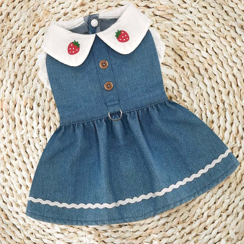 Dog Jeans Dress Strawberry Print Lace Cute Pet Dog Clothes Chihuahua Bichon Frise Summer Puppy Skirt Cat Dog Costume with Buckle