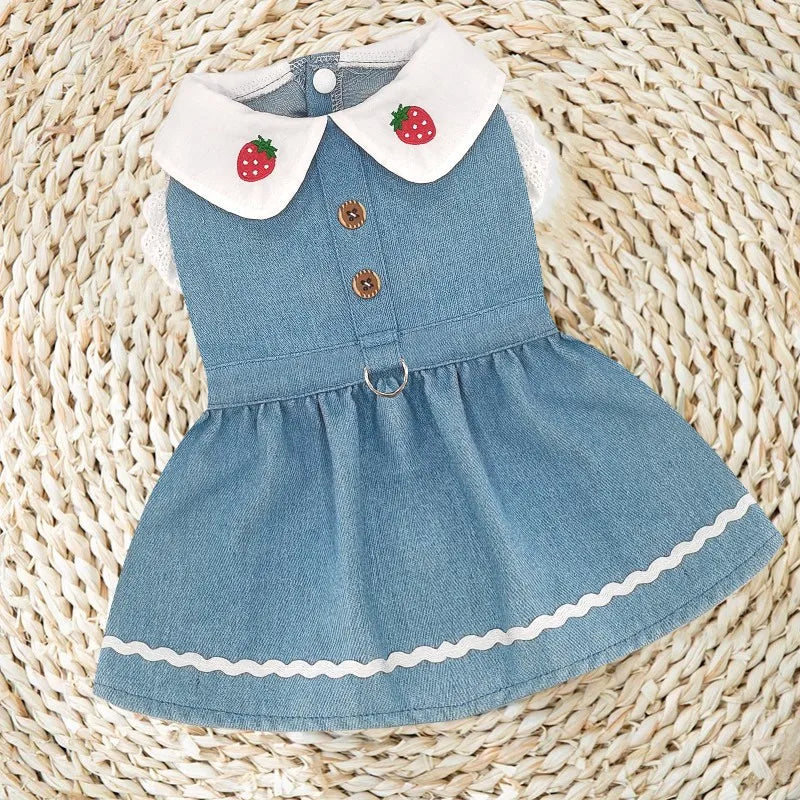 Dog Jeans Dress Strawberry Print Lace Cute Pet Dog Clothes Chihuahua Bichon Frise Summer Puppy Skirt Cat Dog Costume with Buckle