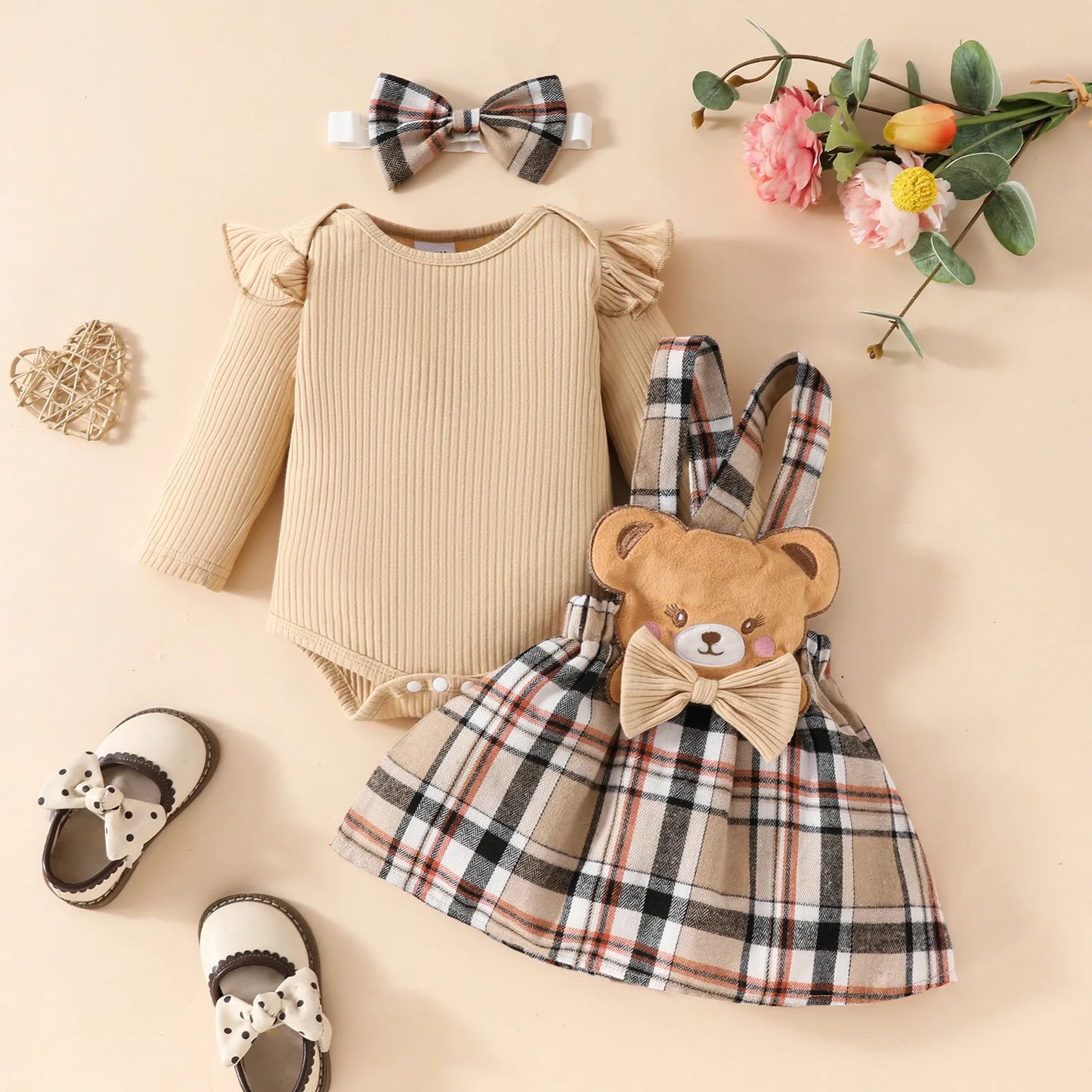 Prowow Panda Baby Girl Outfits Sets Green Cute Panda Romper and Suspender Bamboo Dress 3pcs Baby Clothes Panda Set
