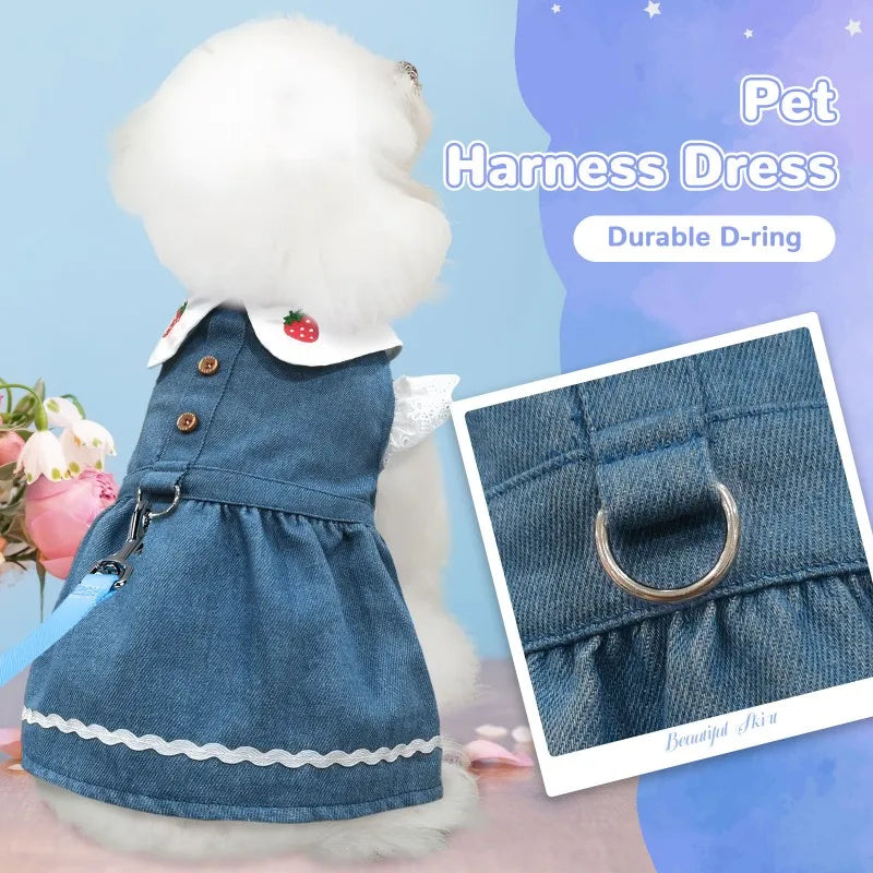 Dog Jeans Dress Strawberry Print Lace Cute Pet Dog Clothes Chihuahua Bichon Frise Summer Puppy Skirt Cat Dog Costume with Buckle