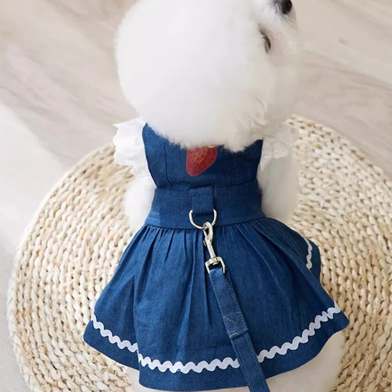 Dog Jeans Dress Strawberry Print Lace Cute Pet Dog Clothes Chihuahua Bichon Frise Summer Puppy Skirt Cat Dog Costume with Buckle