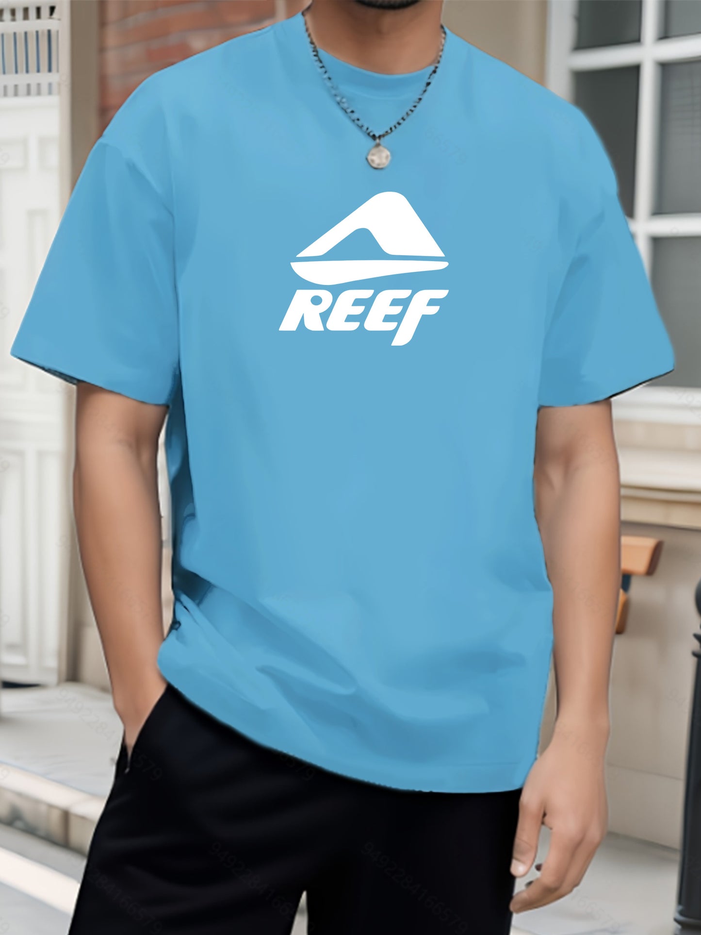 Men's Novelty T-Shirt with REEF Lettering - Casual Polyester Short Sleeve Tee, Round Neck, Summer Wear