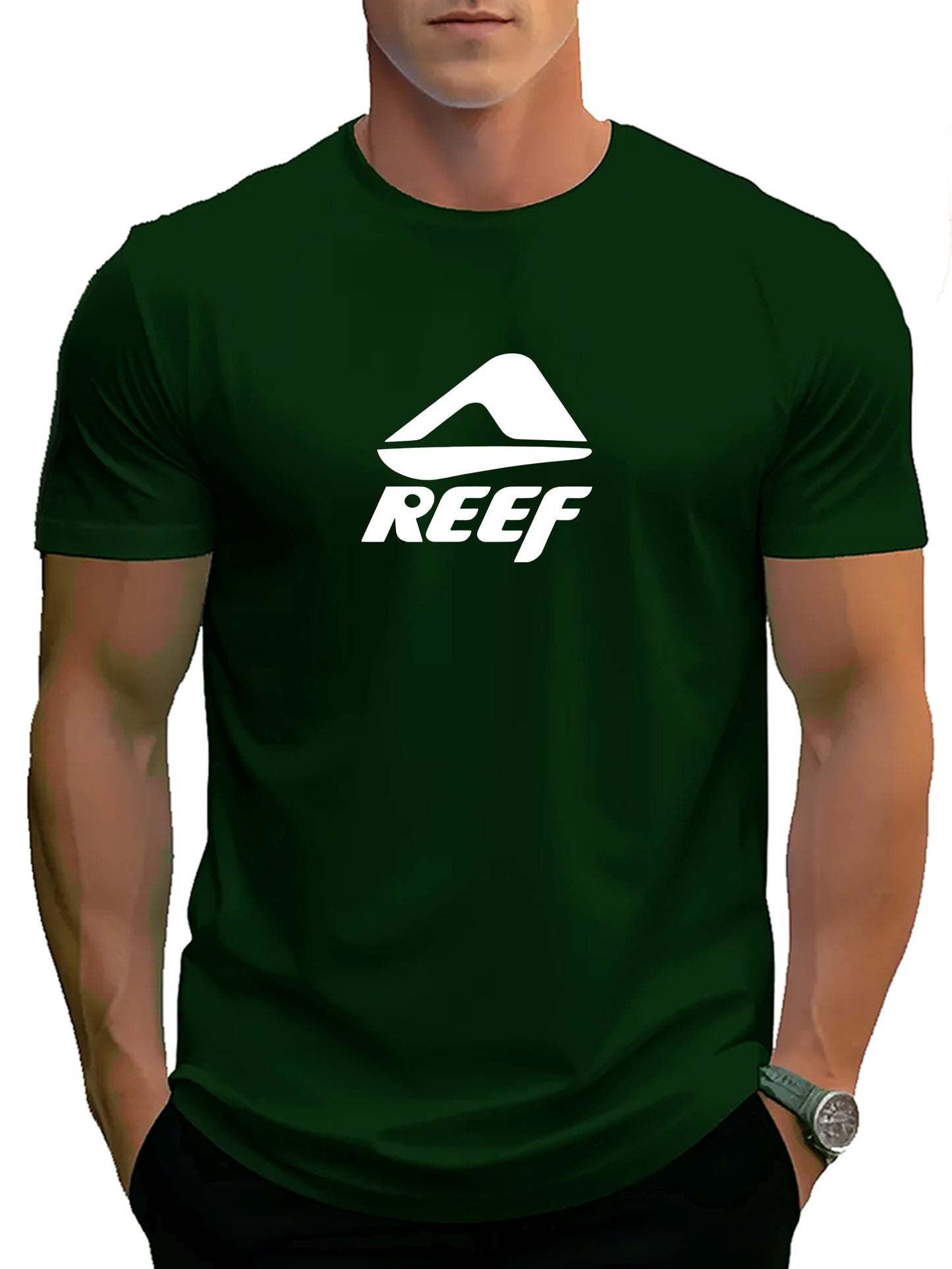 Men's Novelty T-Shirt with REEF Lettering - Casual Polyester Short Sleeve Tee, Round Neck, Summer Wear
