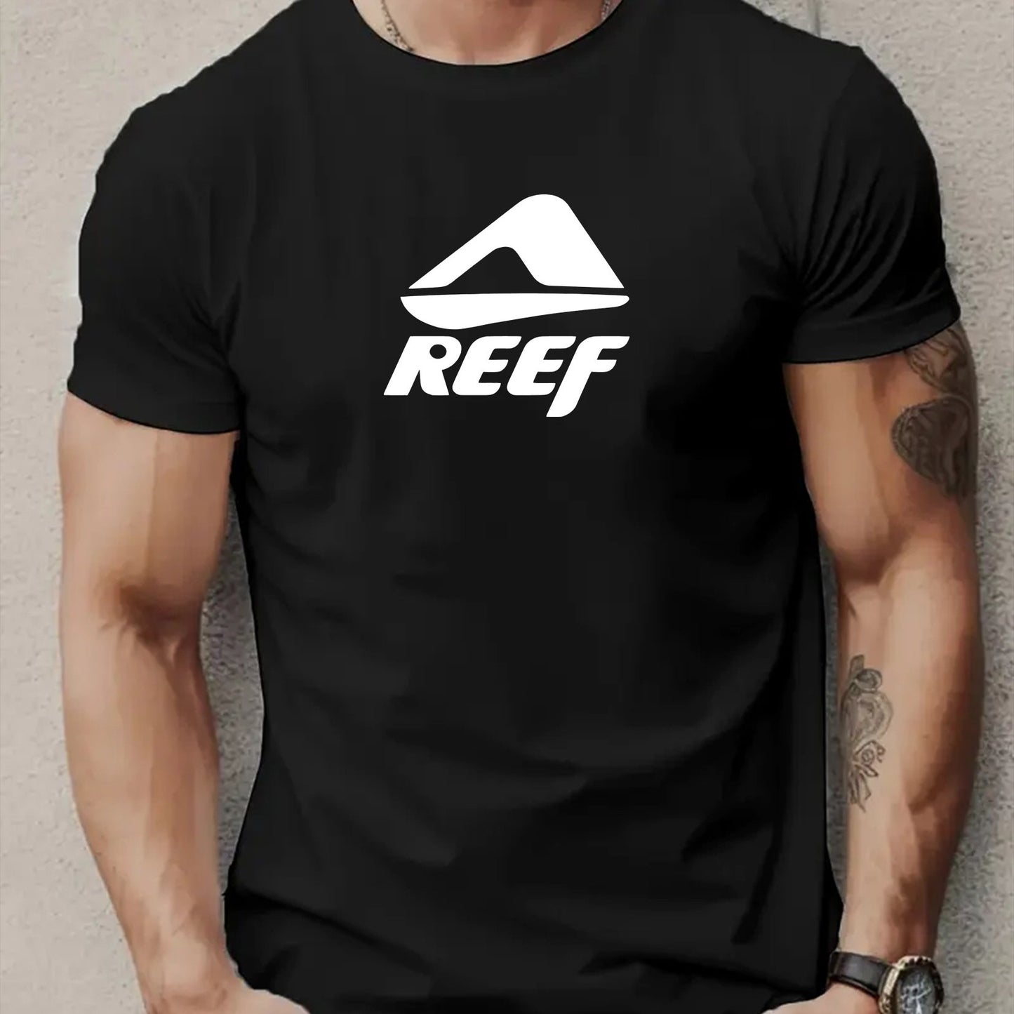 Men's Novelty T-Shirt with REEF Lettering - Casual Polyester Short Sleeve Tee, Round Neck, Summer Wear
