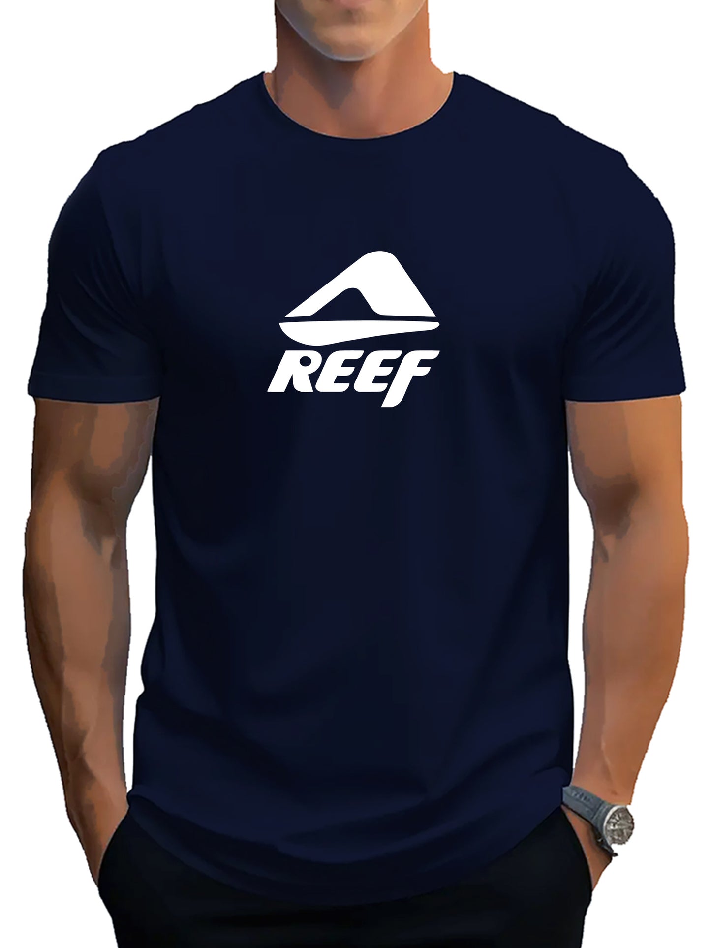 Men's Novelty T-Shirt with REEF Lettering - Casual Polyester Short Sleeve Tee, Round Neck, Summer Wear
