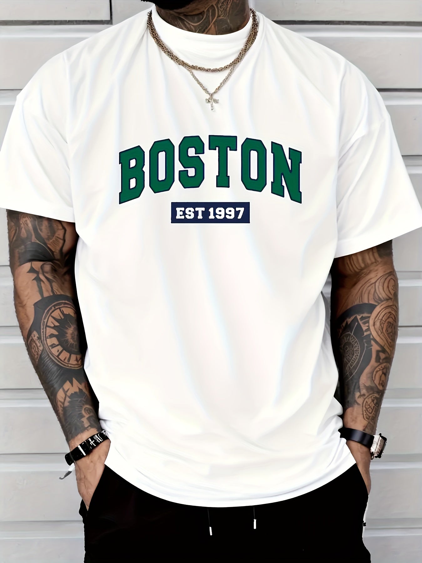 Men's T-Shirt -Boston Est. 1997 Graphic  100% Cotton, Casual Crew Neck, Short Sleeve, White with Green & Black Print, Machine Washable