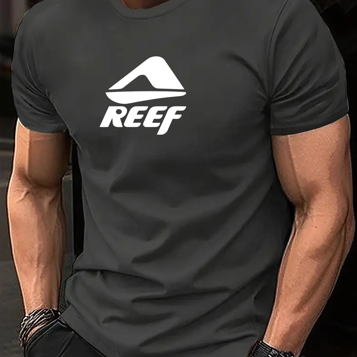 Men's Novelty T-Shirt with REEF Lettering - Casual Polyester Short Sleeve Tee, Round Neck, Summer Wear