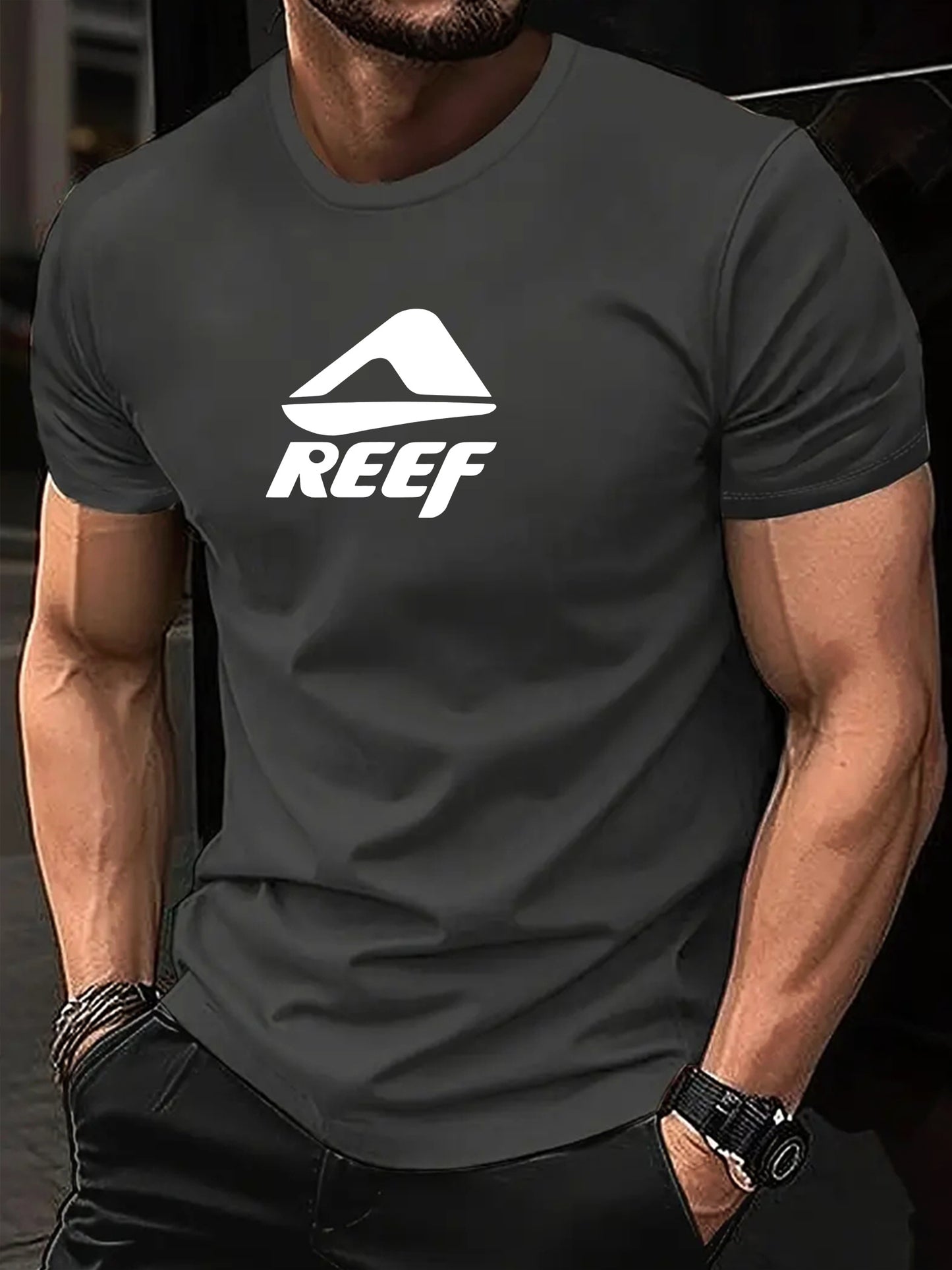 Men's Novelty T-Shirt with REEF Lettering - Casual Polyester Short Sleeve Tee, Round Neck, Summer Wear
