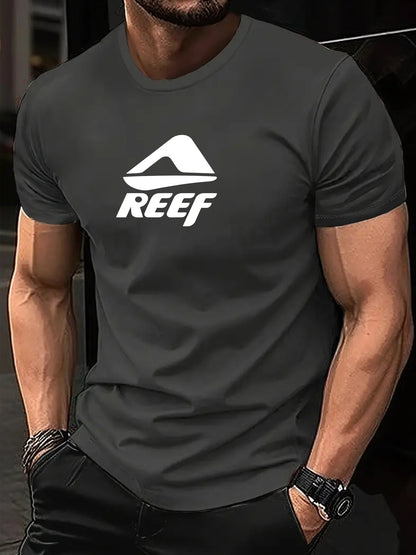 Men's Novelty T-Shirt with REEF Lettering - Casual Polyester Short Sleeve Tee, Round Neck, Summer Wear