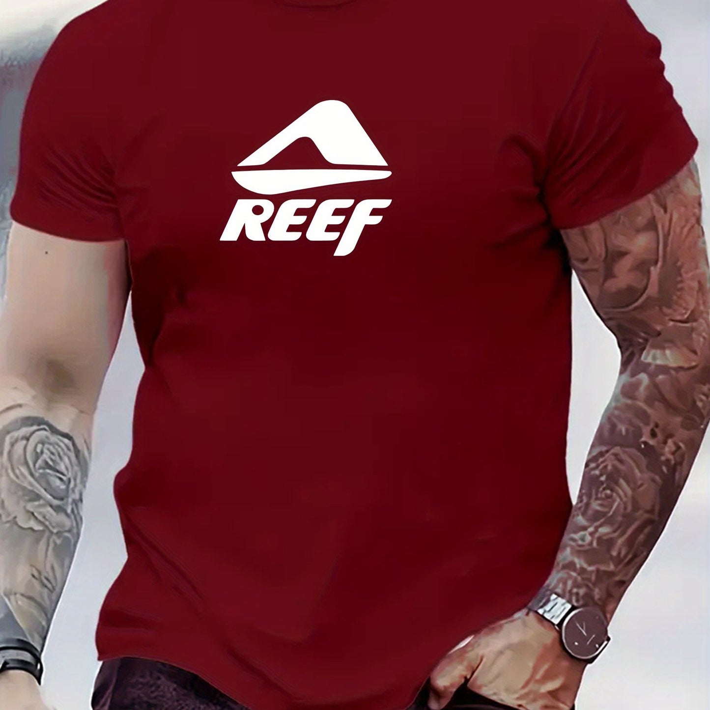 Men's Novelty T-Shirt with REEF Lettering - Casual Polyester Short Sleeve Tee, Round Neck, Summer Wear