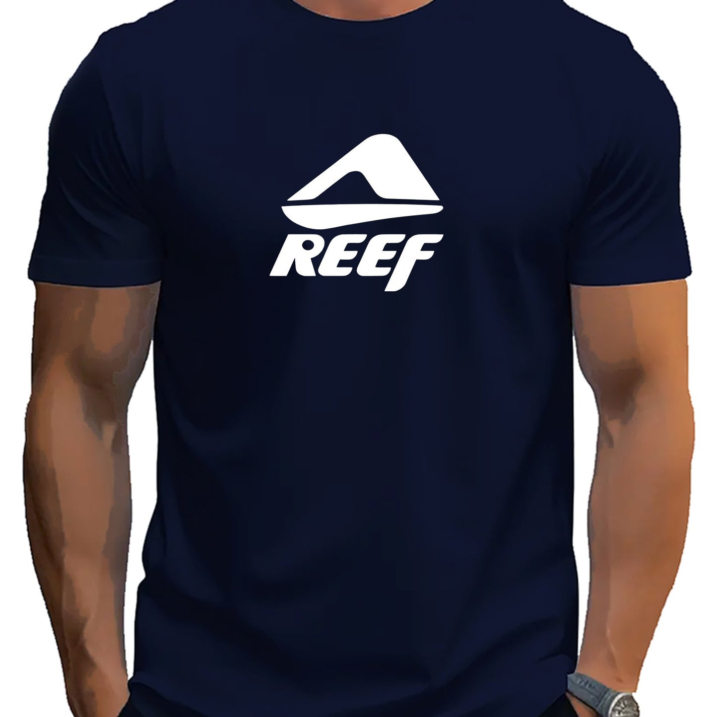 Men's Novelty T-Shirt with REEF Lettering - Casual Polyester Short Sleeve Tee, Round Neck, Summer Wear