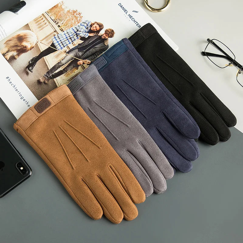 Winter Men Plush Warm Cashmere  Suede Leather Touch Screen Driving Glove J98