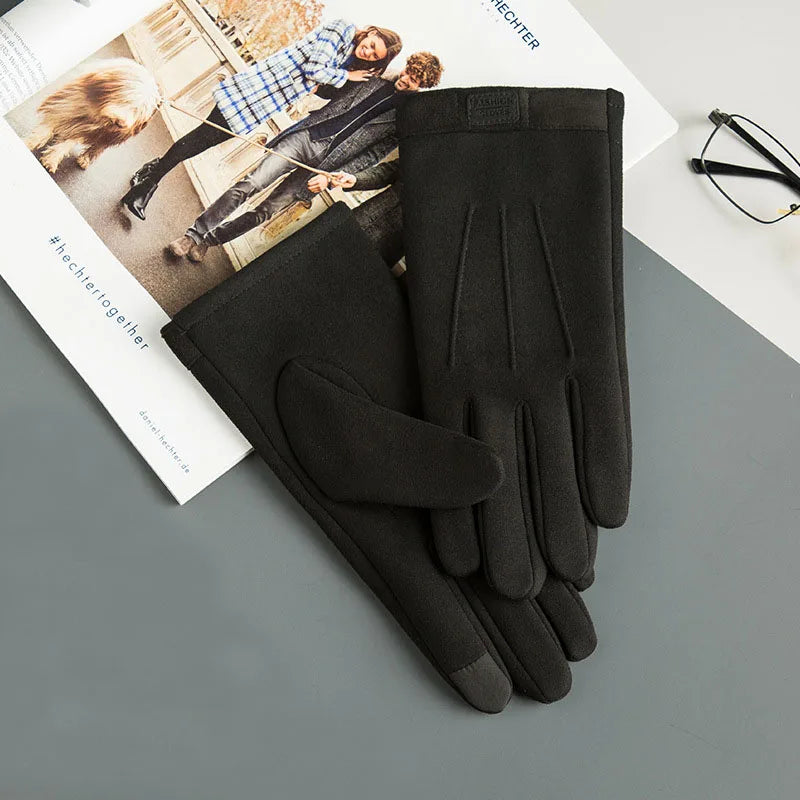 Winter Men Plush Warm Cashmere  Suede Leather Touch Screen Driving Glove J98