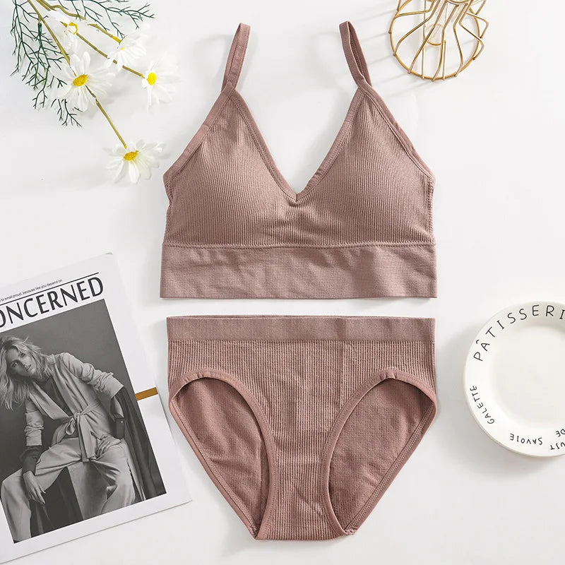 Solid Underwear Set Female U Type Backless Women's  Wireless Sports Women's  Underwear