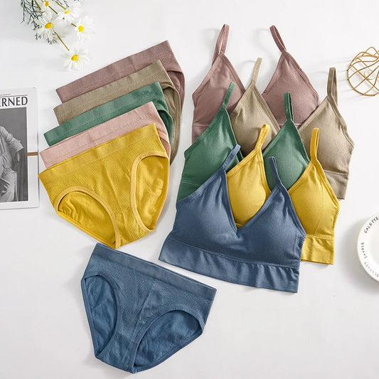 Solid Underwear Set Female U Type Backless Women's  Wireless Sports Women's  Underwear