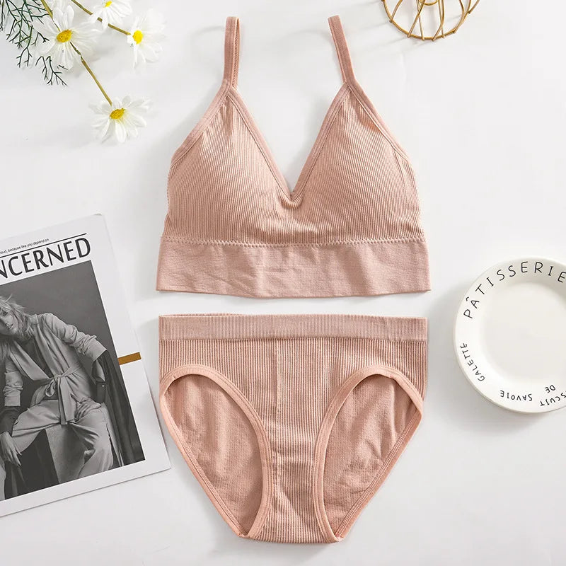 Solid Underwear Set Female U Type Backless Women's  Wireless Sports Women's  Underwear