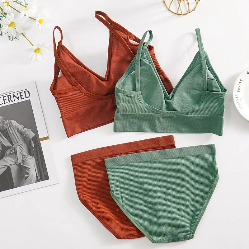 Solid Underwear Set Female U Type Backless Women's  Wireless Sports Women's  Underwear