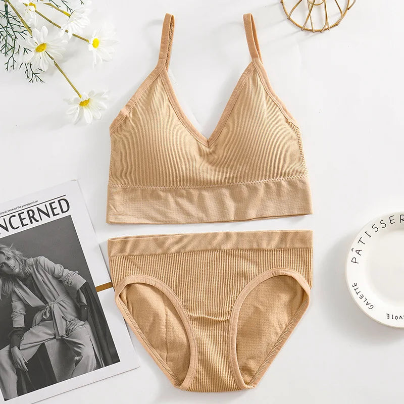 Solid Underwear Set Female U Type Backless Women's  Wireless Sports Women's  Underwear
