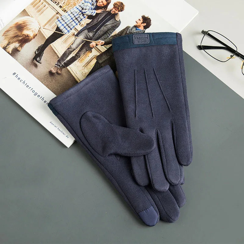 Winter Men Plush Warm Cashmere  Suede Leather Touch Screen Driving Glove J98