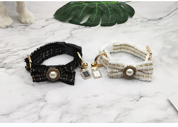 Lace Dog Leash Collar Set Vintage Bowknot Pearl Bells Girl Dog Adjustable Collar for Small Medium Dogs Puppy Collar Pet Supplies