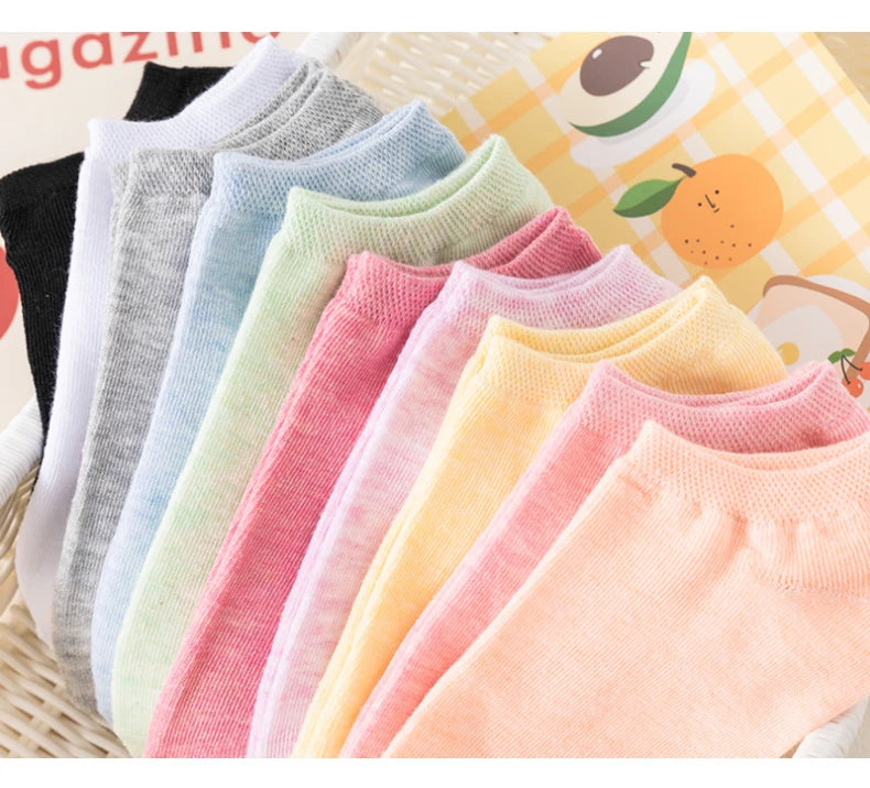 10 Pairs of Colored Cotton WOMEN'S Short Socks, Ankle Breathable Mesh Sports Socks, Summer Casual Solid Color Boat Socks