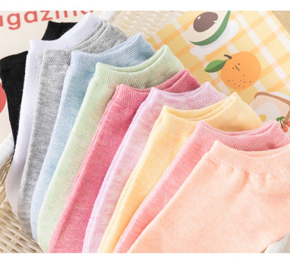 10 Pairs of Colored Cotton WOMEN'S Short Socks, Ankle Breathable Mesh Sports Socks, Summer Casual Solid Color Boat Socks