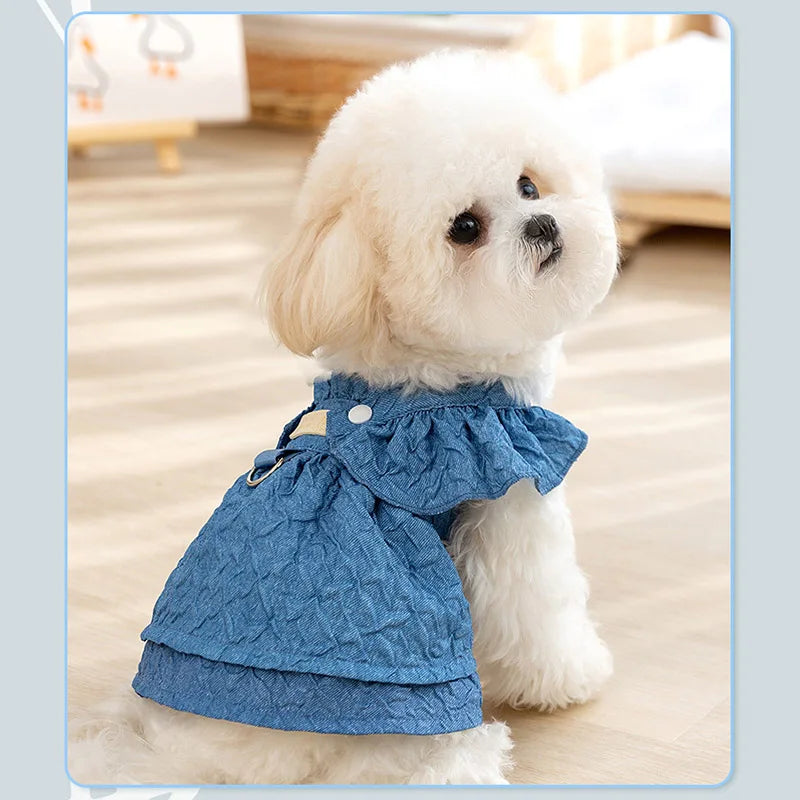 Denim Dog Dresses for Small Dogs, Puppy Girl Clothes with Leash Ring, Flying Sleeves, Summer Cat Apparel, Blue Chihuahua Outfits