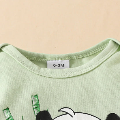 Prowow Panda Baby Girl Outfits Sets Green Cute Panda Romper and Suspender Bamboo Dress 3pcs Baby Clothes Panda Set