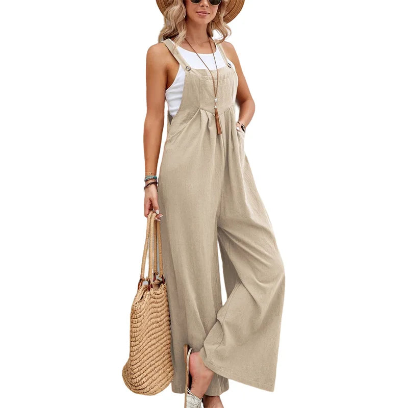 Summer Women Long Jumpsuit Solid Color Casual Loose Thin Size Sleeveless Straps Wide Leg Women Suspender Loose Jumpsuit