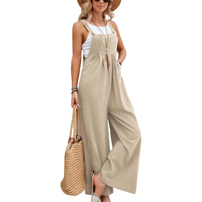Summer Women Long Jumpsuit Solid Color Casual Loose Thin Size Sleeveless Straps Wide Leg Women Suspender Loose Jumpsuit