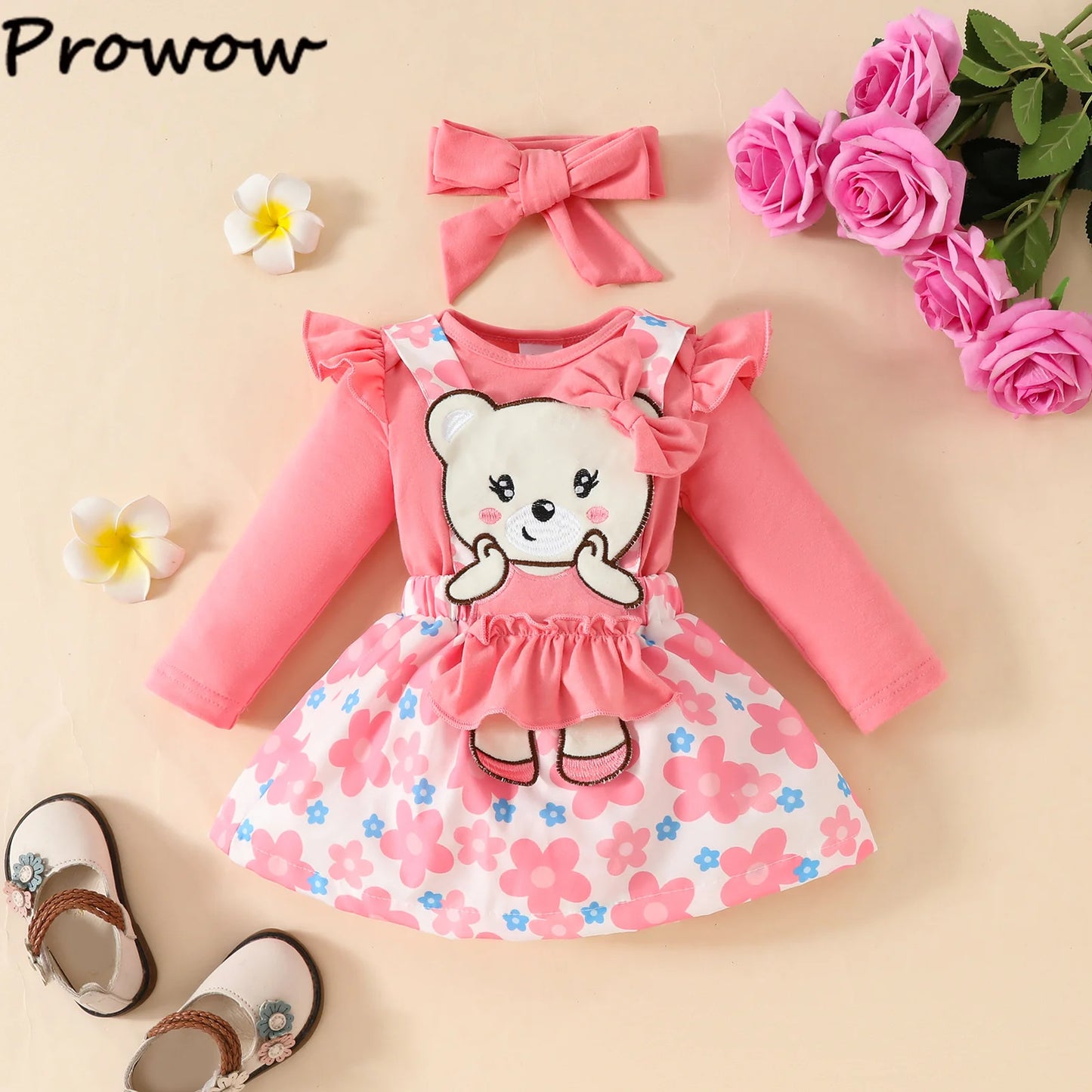 Prowow Panda Baby Girl Outfits Sets Green Cute Panda Romper and Suspender Bamboo Dress 3pcs Baby Clothes Panda Set