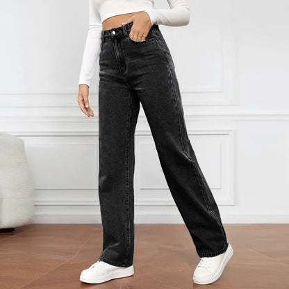 Jeans ganga Mulheres Calças Retas Lavagem Cintura Alta Solta Bolsos Básicos Comprimento Tornozelo Y2k Calças Azuis Streetwear Leve Elástico . Descubra conforto e estilo. Toque especial...