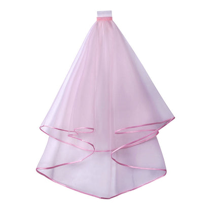 Double Layer Mesh Tulle Solid Color Women Short Wedding Veil with Comb Ribbon Edge Center Cascade Bride Party Headpiece