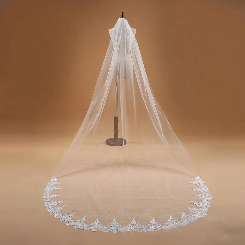 Veu de noiva com  3M One Layer Lace Edge White Cathedral Wedding Veil Long Bridal Veil  Wedding Accessories Veu de Noiva