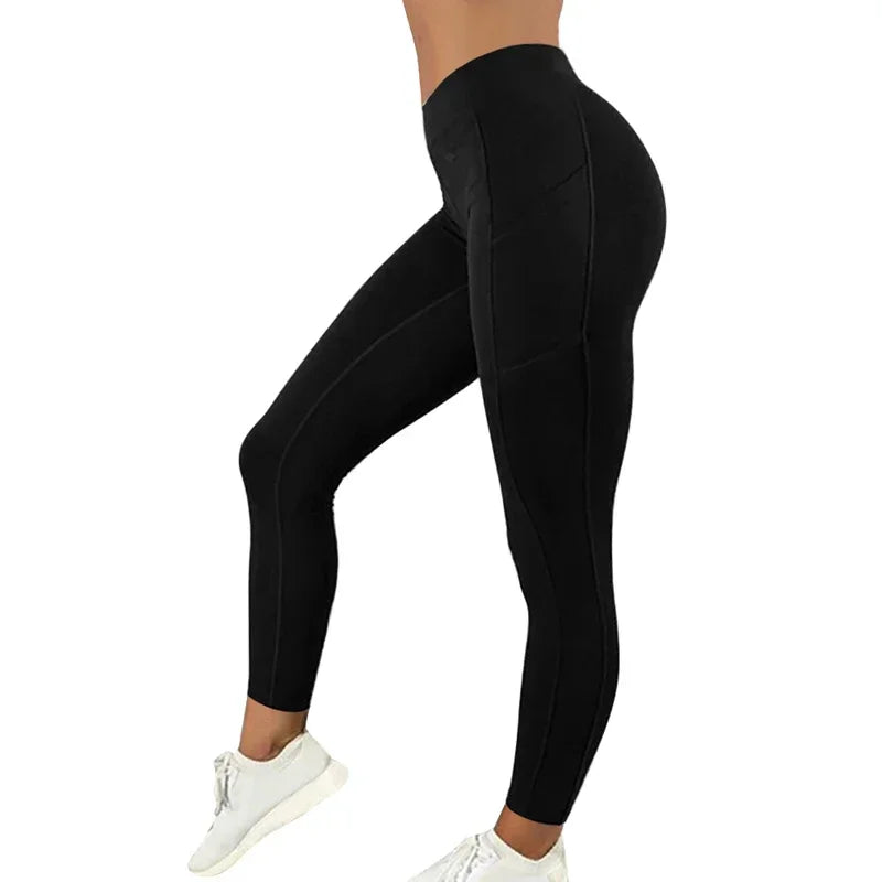 Calças de ioga de bolso plus size femininas leggings esportivas de fitness sólidas cintura alta elásticas calças de ginástica femininas calças de corrida XXXL