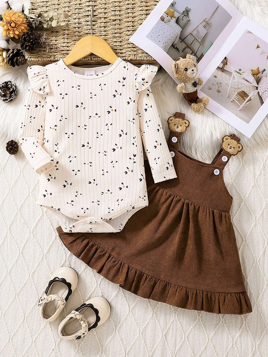 2Pcs Floral Bodysuit and Strap Dress  Set for Baby Girls Spring Autumn Infants One Piece Clothing 0-2Y Toddler Outfit