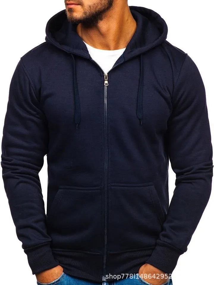 New Fashion Men's Casual Slim Fit Autumn European Size Cardigan Solid Color Zipper Cardigan Hooded Hoodie Coat