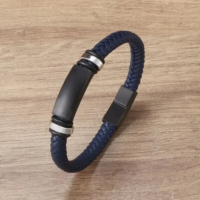 Simples e Classic , Black Hand Woven Leather Bracelet with Metal Magnetic Clasp Men's Fashion Jewelry .