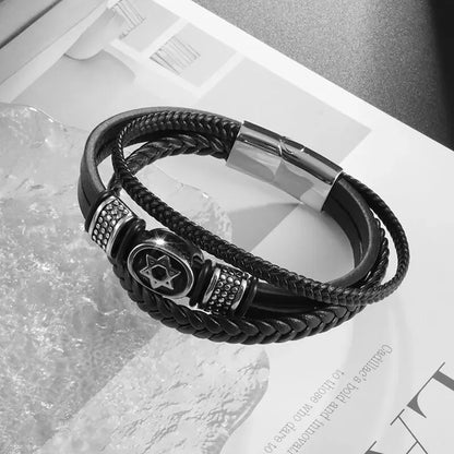 European and American Fashion Stainless Steel Star of David Multilayer Leather Braid Bracelet Mes Charm Amulet Jewelry