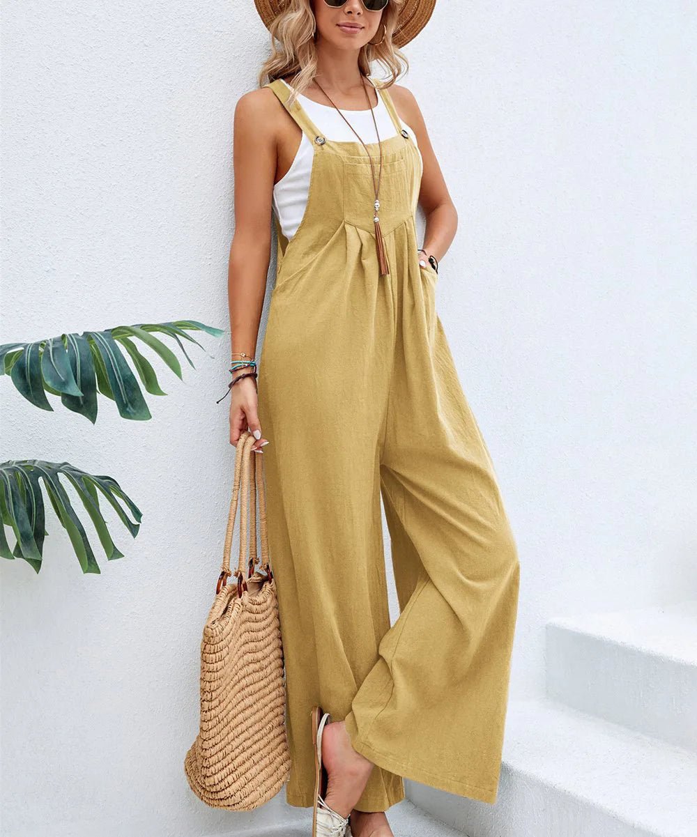 Summer Women Long Jumpsuit Solid Color Casual Loose Thin Size Sleeveless Straps Wide Leg Women Suspender Loose Jumpsuit