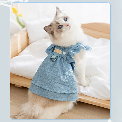 Denim Dog Dresses for Small Dogs, Puppy Girl Clothes with Leash Ring, Flying Sleeves, Summer Cat Apparel, Blue Chihuahua Outfits