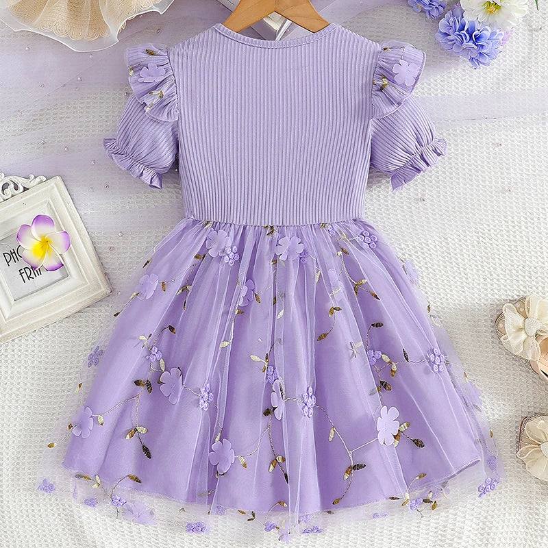 Trendy Sweet Girls' Bow Princess Dress Korean Style Children's Butterfly Mesh Flower Birthday Dress 2-6Year Summer Kids Clothing