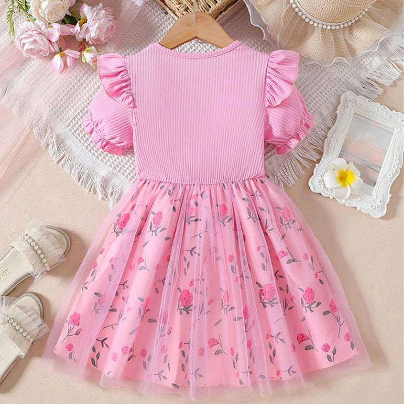 Trendy Sweet Girls' Bow Princess Dress Korean Style Children's Butterfly Mesh Flower Birthday Dress 2-6Year Summer Kids Clothing