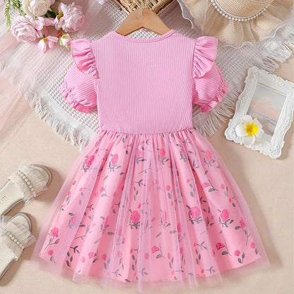 Trendy Sweet Girls' Bow Princess Dress Korean Style Children's Butterfly Mesh Flower Birthday Dress 2-6Year Summer Kids Clothing