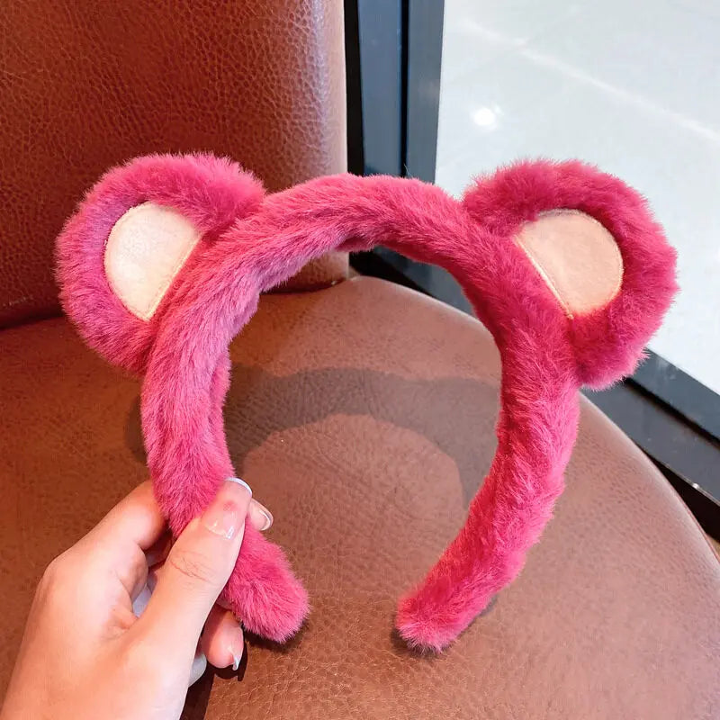 Strawberry Bear Plush Headband for Women Sweet Fashion Girls Face Wash HairBand